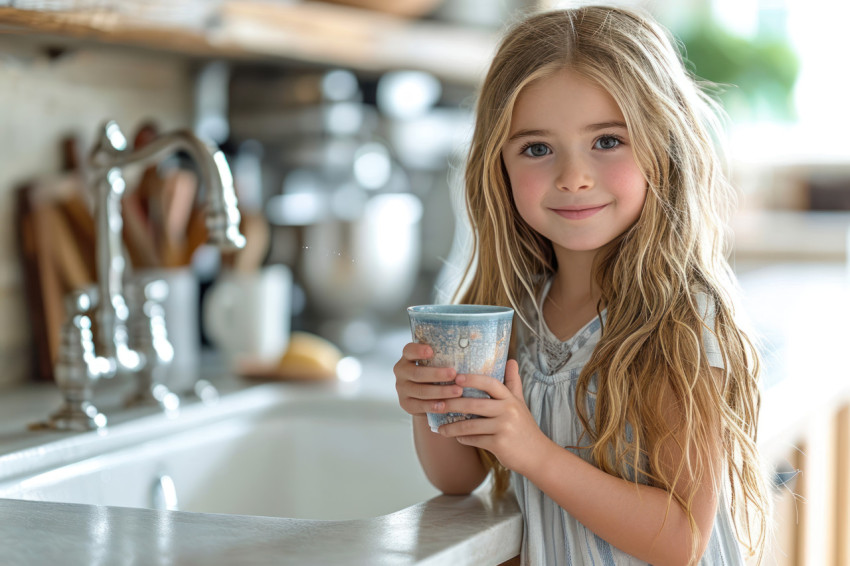 Young girl holding cup drawing water from kitchen sink