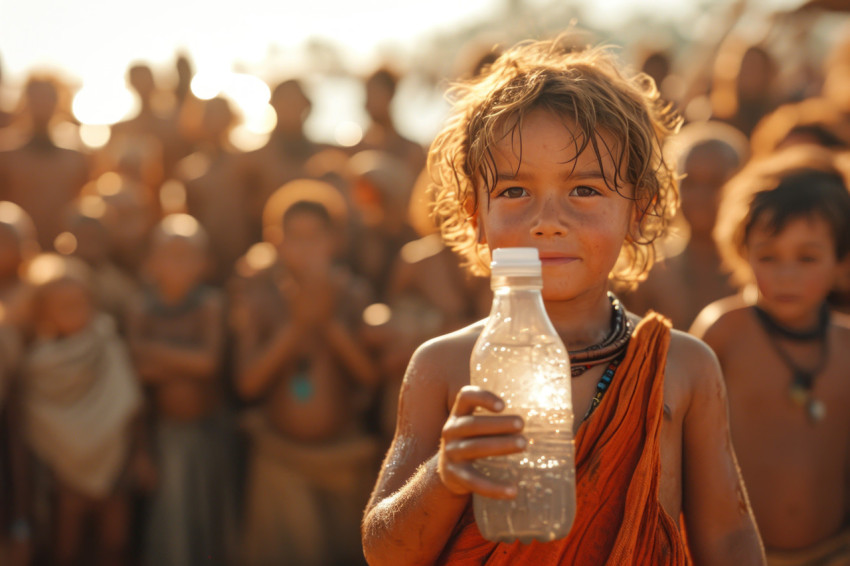 Kid holds water bottle in front of people showcasing hydration amidst a lively crowd