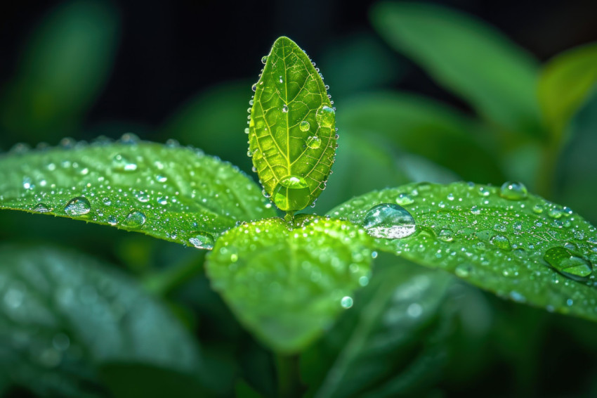 Water drop on vibrant green leaf glistening in natural light