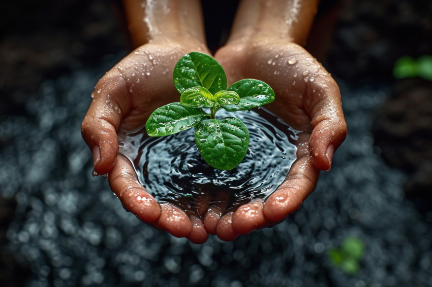 Water concept on black background with plant held in hands