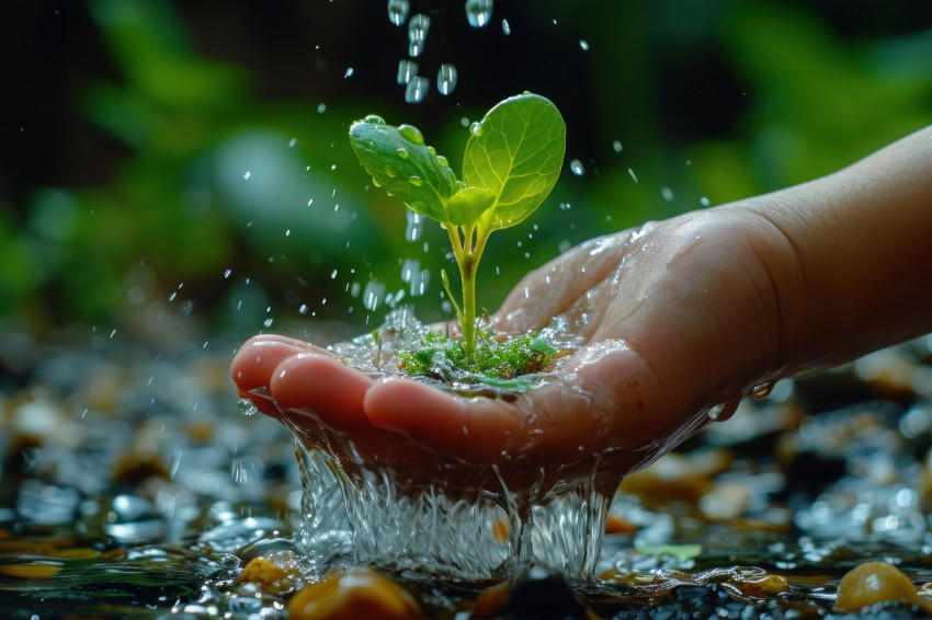 Hand palm waters tiny plant with hose lifting it into the air