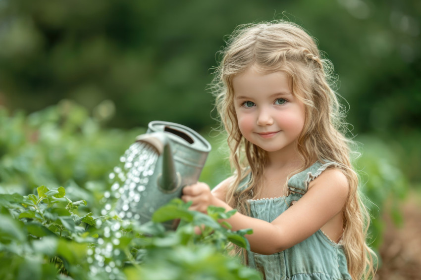 Young girl waters a field nurturing plants to grow food