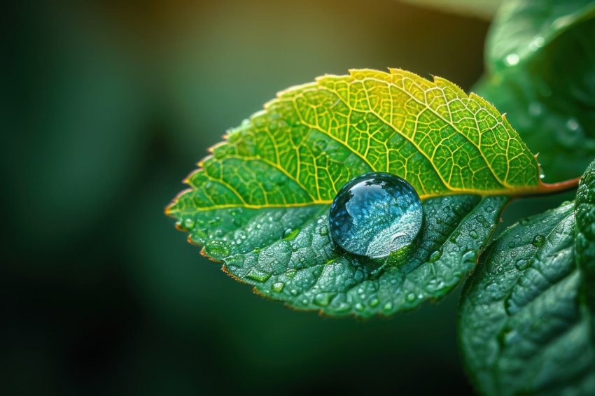 Clear water drop glistens on a vibrant green leaf capturing the beauty of nature delicate balance