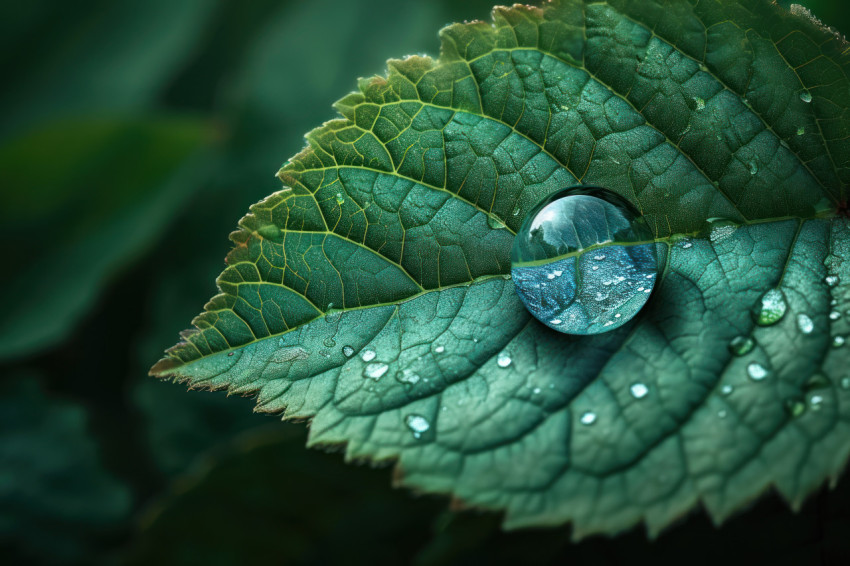 Clear water drop glistens in a leaf on a vibrant green background nature delicate beauty captured in a single moment