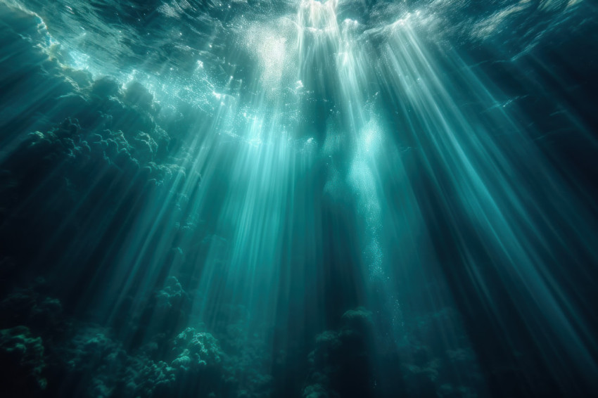 Beams of light underwater illuminate the water surface creating a mesmerizing and magical underwater scene