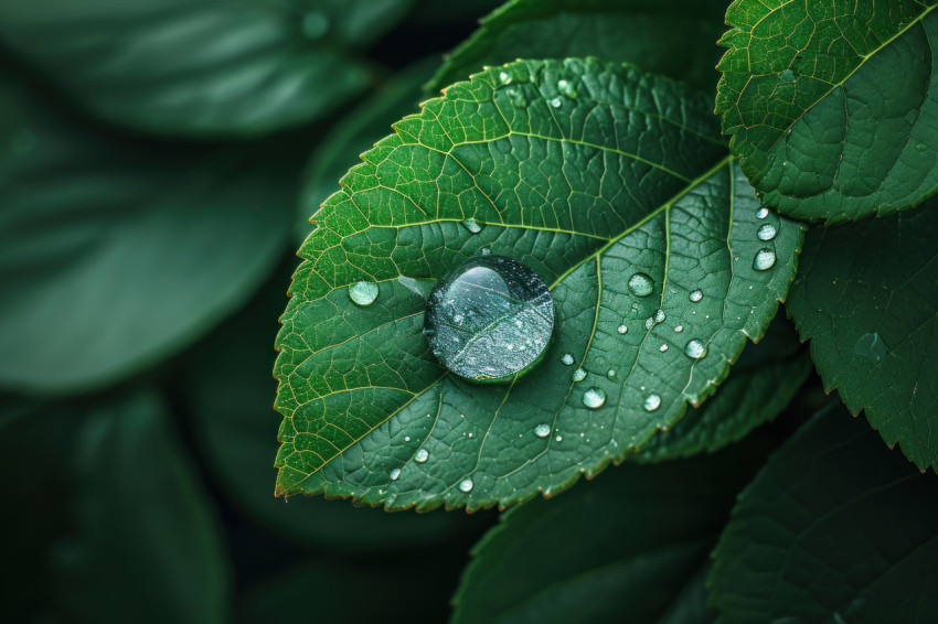 Water drop resting on a vibrant green leaf showcasing natures delicate beauty in a single moment