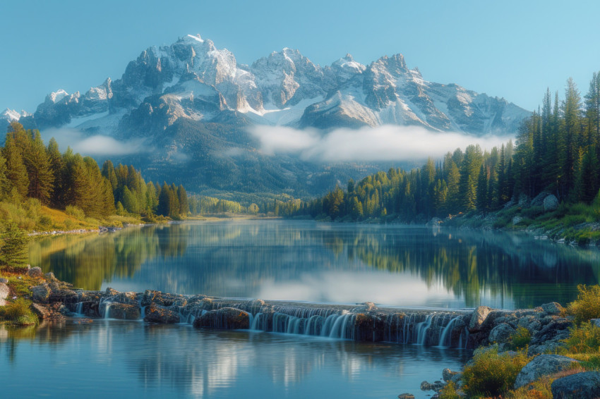 Grand teton mountains reflect majestically in white water dam creating a breathtaking scene of natures beauty