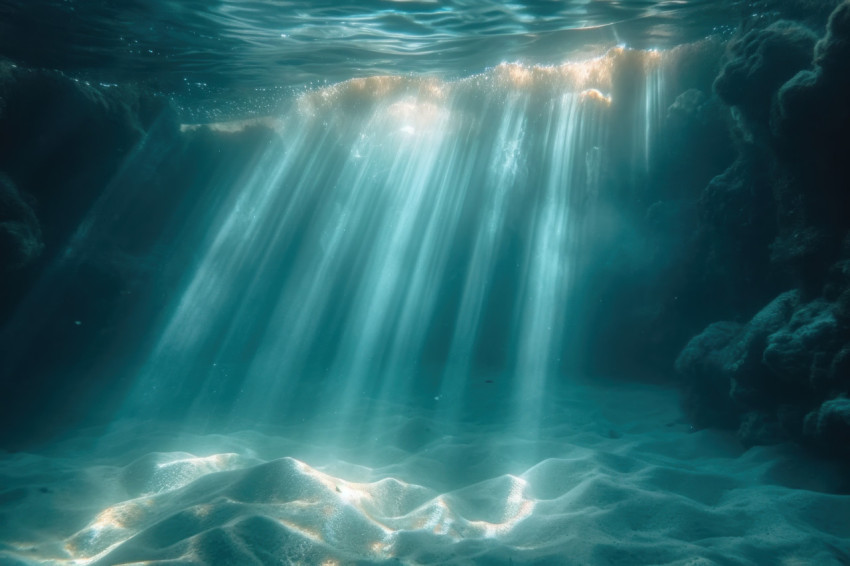 Beams of light underwater illuminate the water surface in a mesmerizing display of aquatic radiance