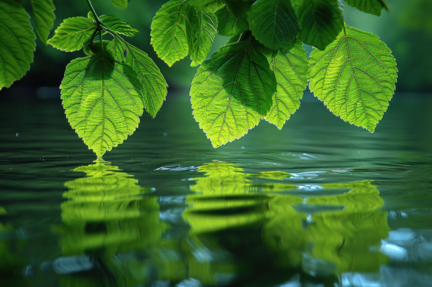 Vibrant green leaves reflect in calm water creating a serene and natural scene of beauty