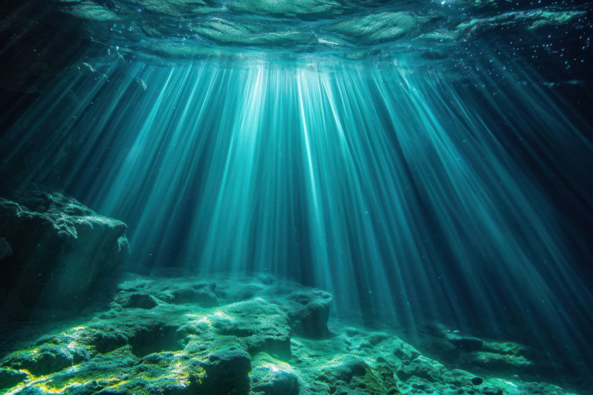 Beams of light underwater illuminate the water surface creating a mesmerizing aquatic scene