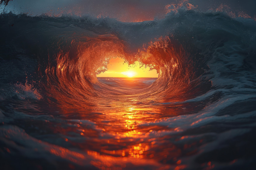 A heart shaped wave in the ocean at sunset creating a beautiful and romantic scene