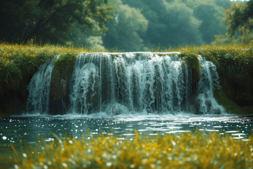 Water running into grass with a waterfall in the background creating a serene and natural scene