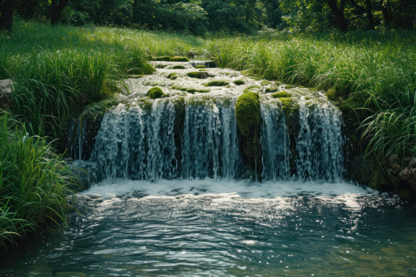 Water flows into lush grass with a distant waterfall creating a serene natural scene