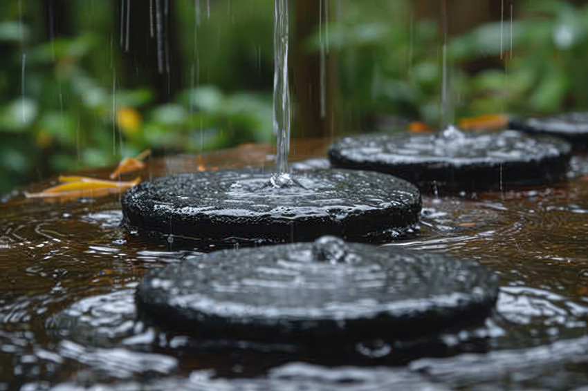 Water pours down black stones along a bamboo stump creating a serene and natural scene with a peaceful flow