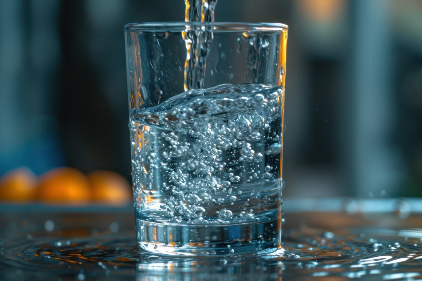 Clear water fills a glass creating a refreshing scene of hydration