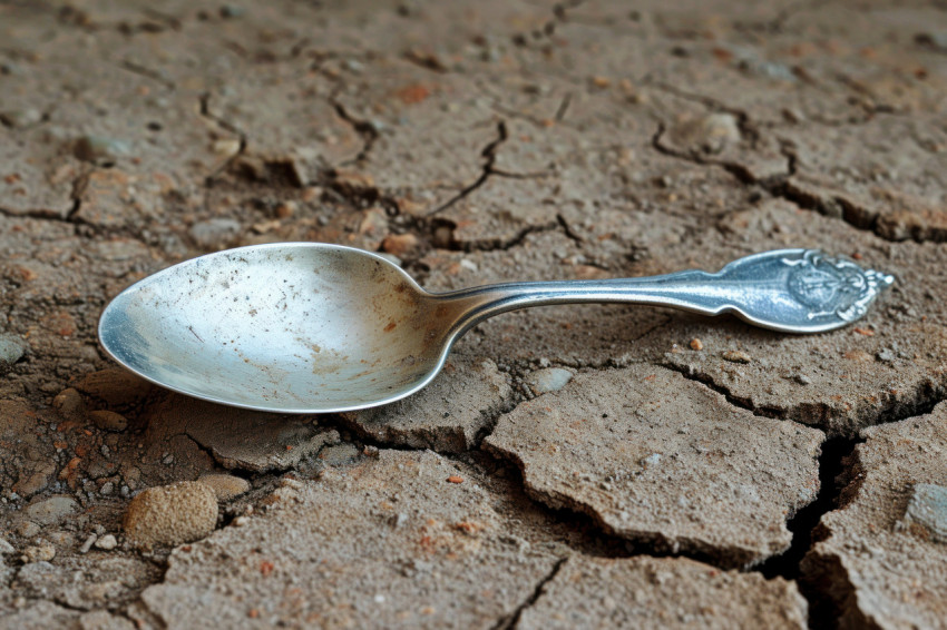 Lonely spoon rests on cracked dirt floor abandoned and weathered telling a silent story of hardship and scarcity