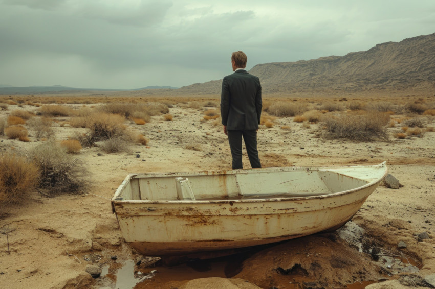 Man standing in little boat in empty desert