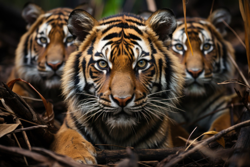 Three tigers peacefully lounging on forest grass