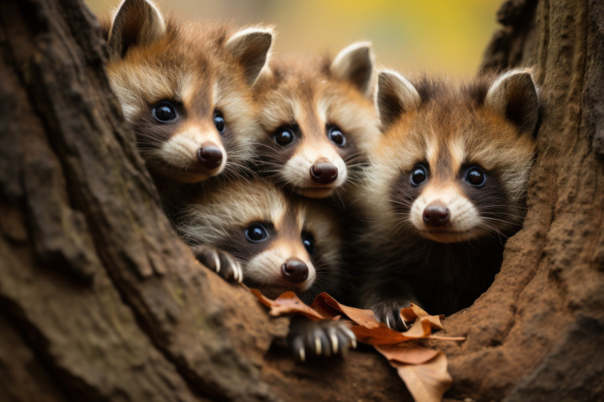 Raccoon kids peeking out of a tree hole curious and playful in the forest