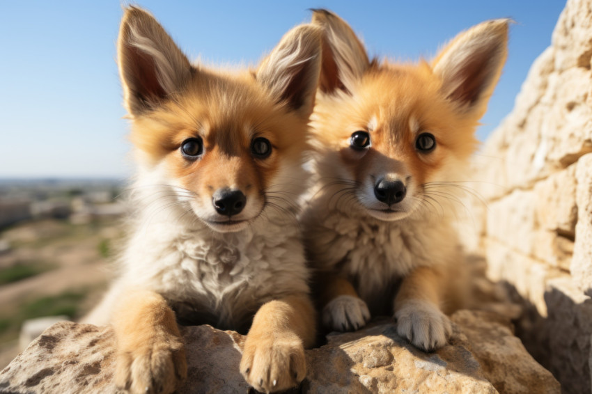 Two adorable red fox cubs sitting on a ledge curiously observing their surroundings in the wild