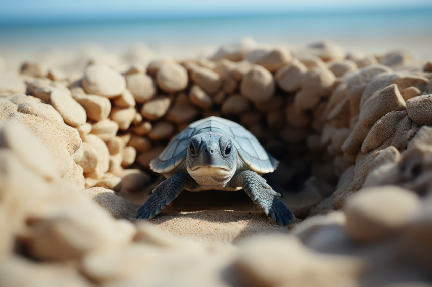 Baby green turtle hatches on beach by the ocean beginning its journey into the sea