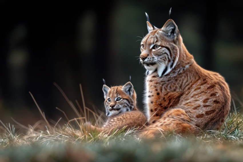 Mom lynx and cub sitting in grass with plenty of white space around