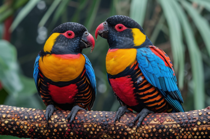 Colorful and black birds perched on a branch showcasing nature vibrant beauty and avian harmony