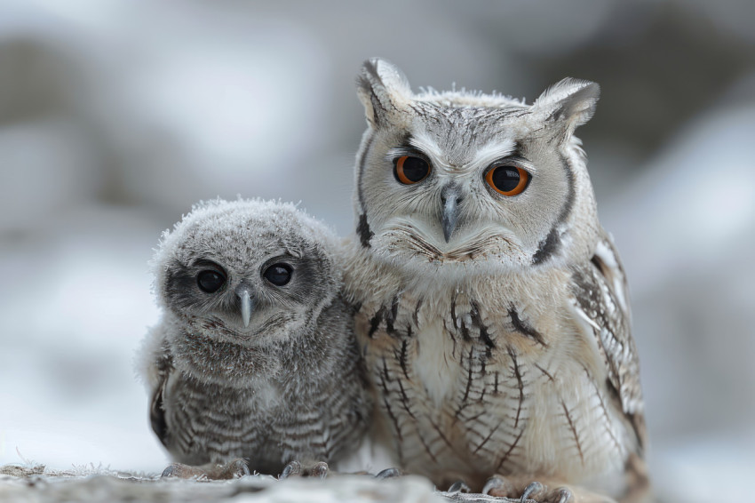 Tiny owl and its larger brother surrounded by ample white space creating a peaceful and charming scene