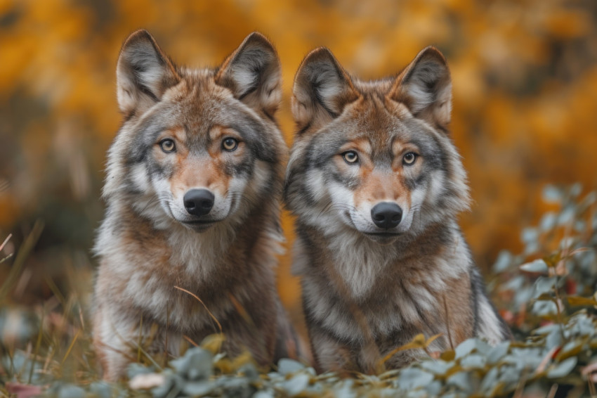 Two young wolf pups playing in the grass surrounded by white space showcasing their playful energy in a natural setting