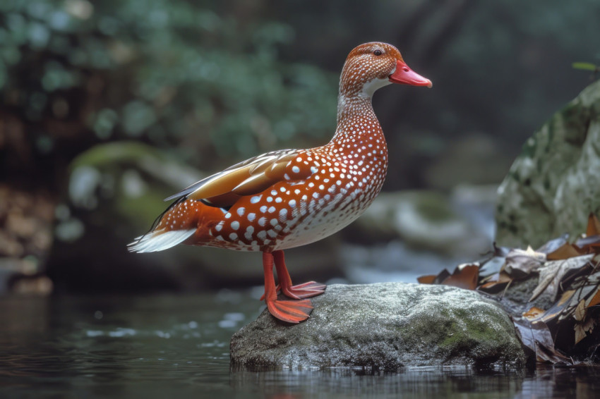 Red and white duck standing on stone near pond surrounded by ample white space