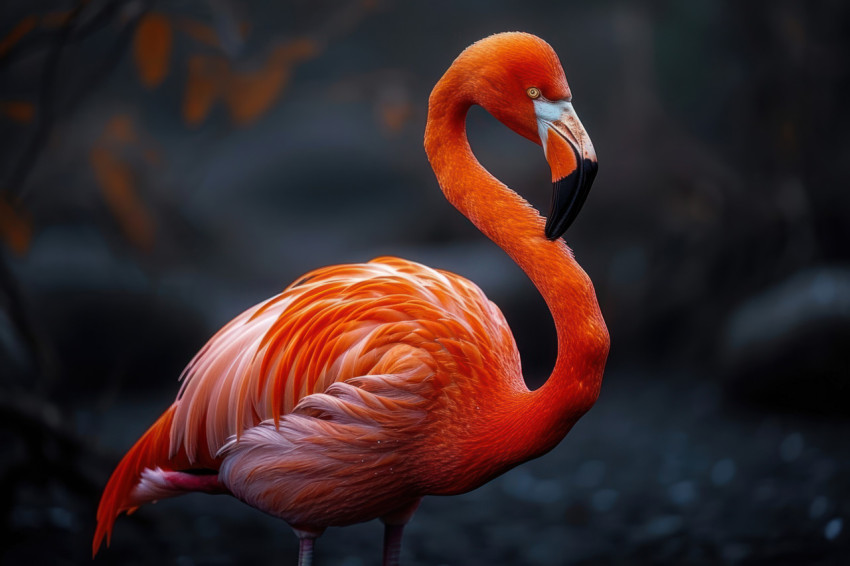 Pink flamingo stands gracefully against a black backdrop