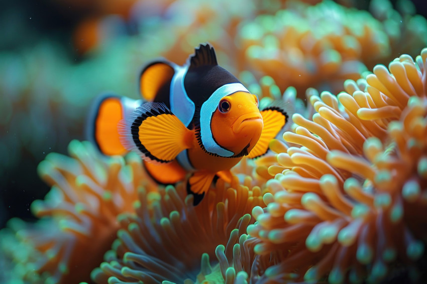 Clown fish swimming among anemones in vibrant underwater scene