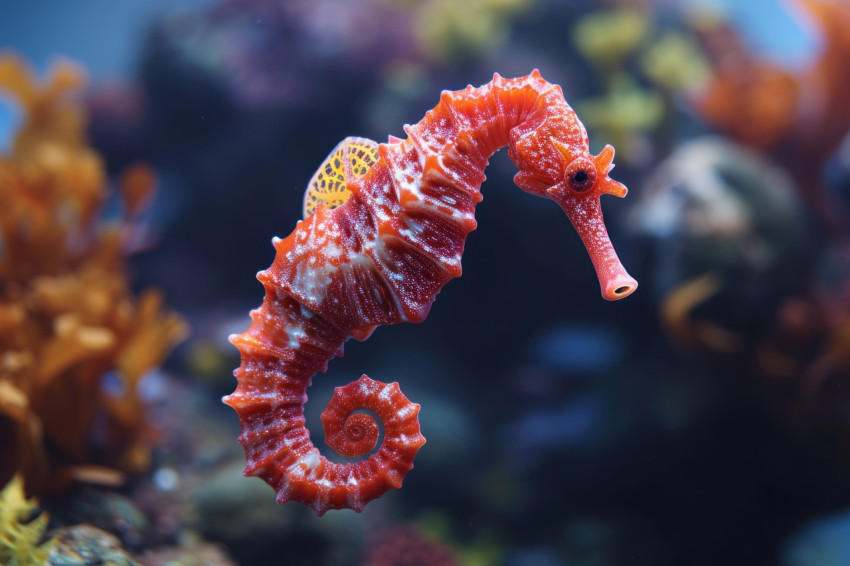 Red seahorse gracefully swimming in deep water habitat showcasing its vibrant color and unique underwater beauty