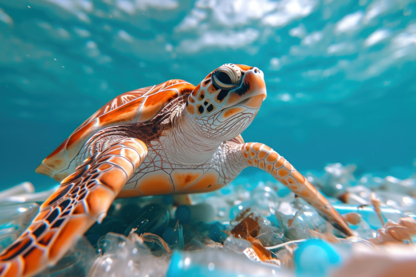 Turtle navigating through plastic filled ocean depths with serene blue water