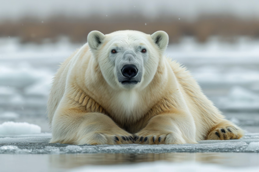 Polar bear rests on ice peacefully enjoying the arctic solitude showcasing the majestic beauty of the frozen wilderness
