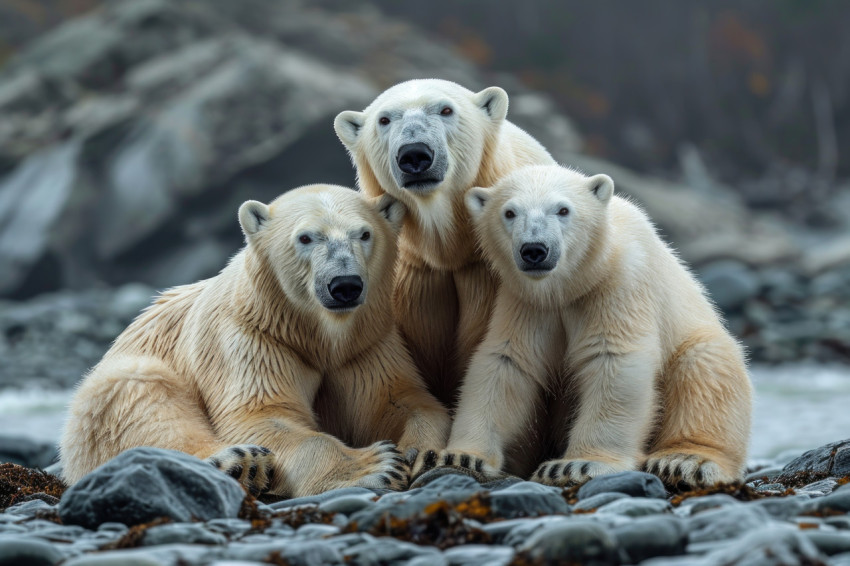 Three polar bears sitting together on rocky shore enjoying a peaceful moment in their icy habitat