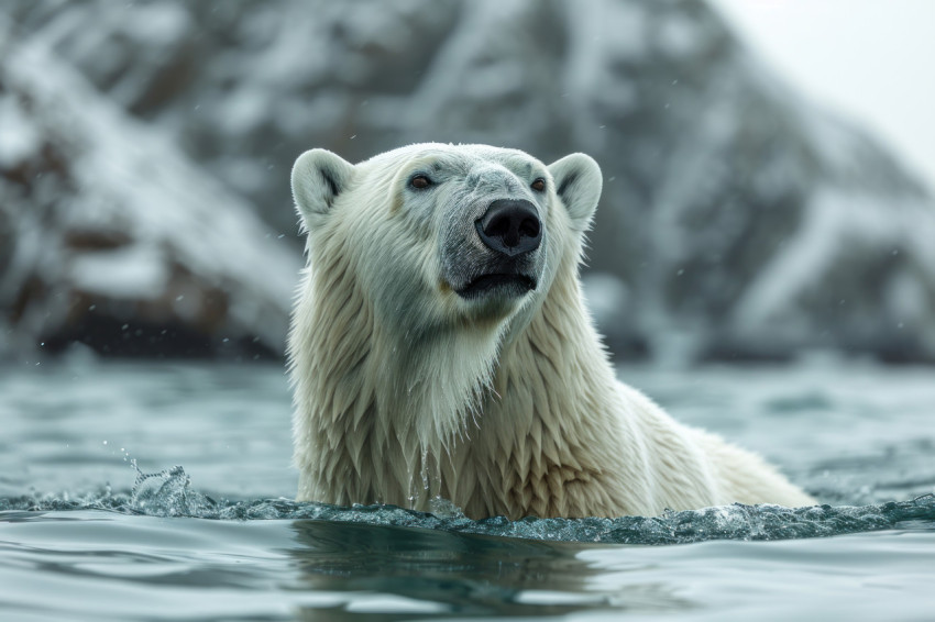 Polar bear in water gazes at mountain in the backdrop