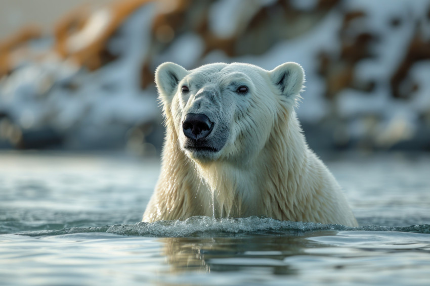 Polar bear in water gazes at distant mountain creating a serene and breathtaking arctic scene