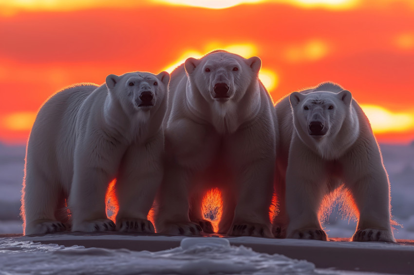 Three polar bears standing together enjoying the sunset in the arctic