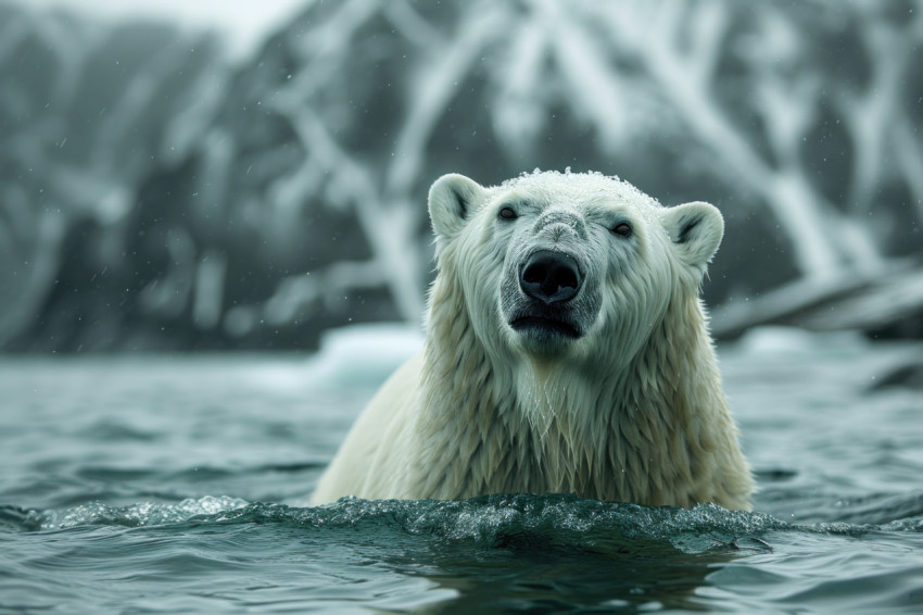 Polar bear in water gazes at mountain backdrop
