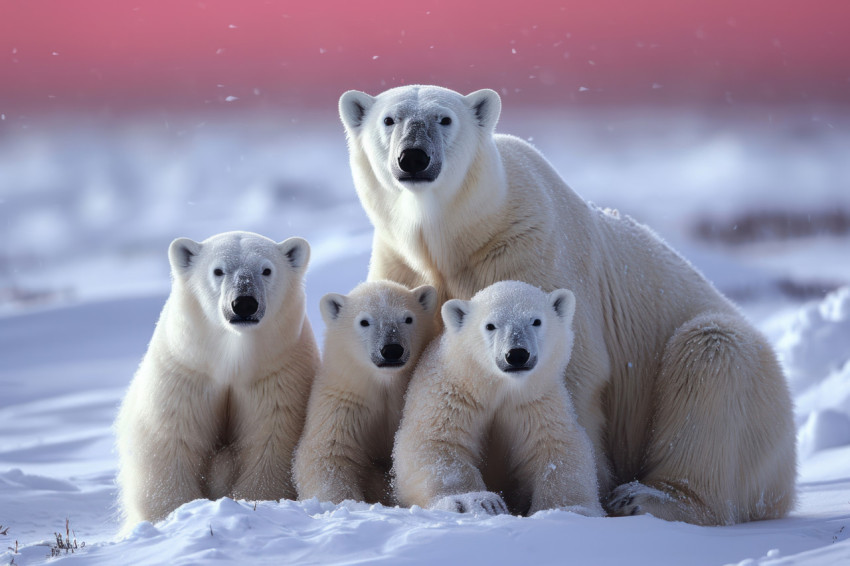 Three polar bears a family sitting together in the snow showcasing the beauty and unity of the polar bear family in their icy habitat