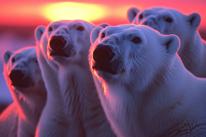 Three polar bears stand together as the sun sets creating a mesmerizing scene of unity in the arctic wilderness
