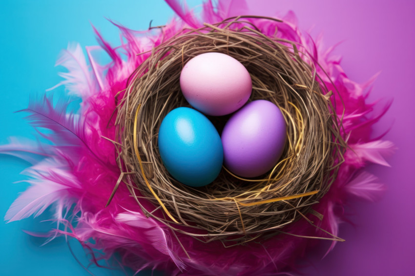 An artistically painted easter egg nestles in a cozy animal nest on a colorful backdrop