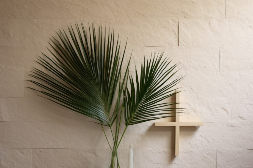 A palm leaf and cross showcased on a stone wall backdrop with a beige background