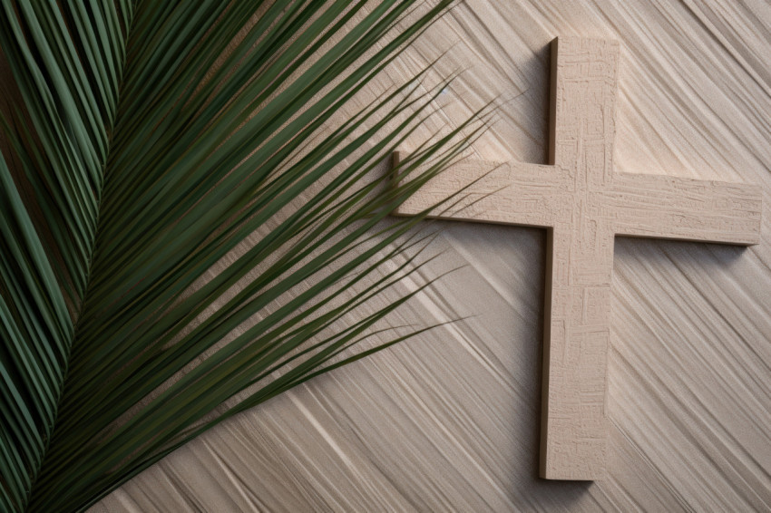 Beige background adorned with a cross and palm leaves