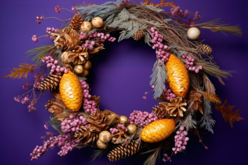 Yellow cypress and pine cone wreath on vibrant purple backdrop