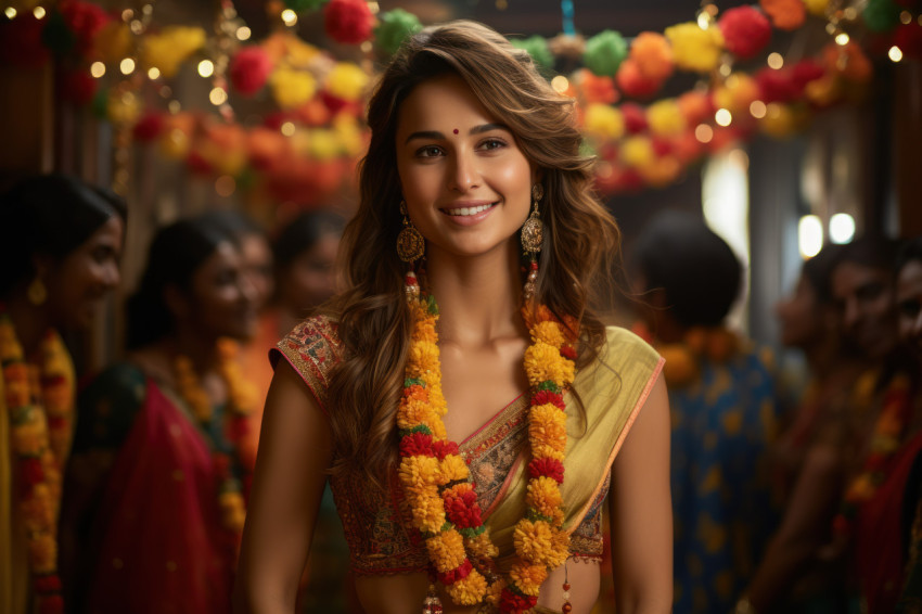 Women in indian attire stand in a room adorned with yellow garlands creating a vibrant and cultural atmosphere