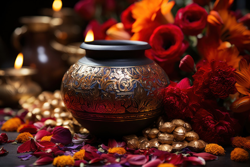 Gold plated copper urn beside vibrant petals and flowers