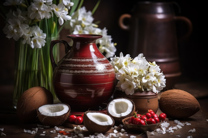 Coconut and flowers in metal pot for hindu festival pooja celebrating gudi padwa with traditional offerings in vibrant colors