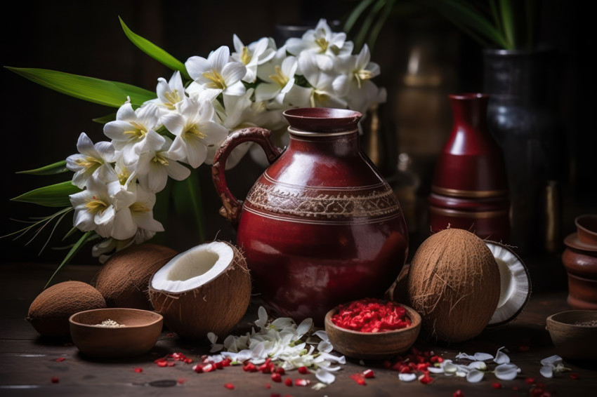 Coconut and flowers in metal pot part of hindu pooja festival or gudi padwa celebration